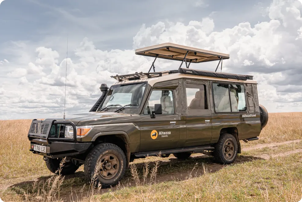 Veicolo safari Altezza Travel con tetto apribile nella savana tanzaniana Veicolo safari Altezza Travel con tetto apribile nella savana tanzaniana